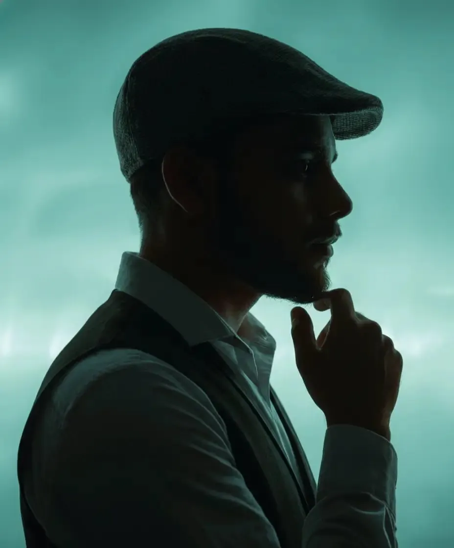 Jagesh Pandey resting his chin on his hand, lit in teal