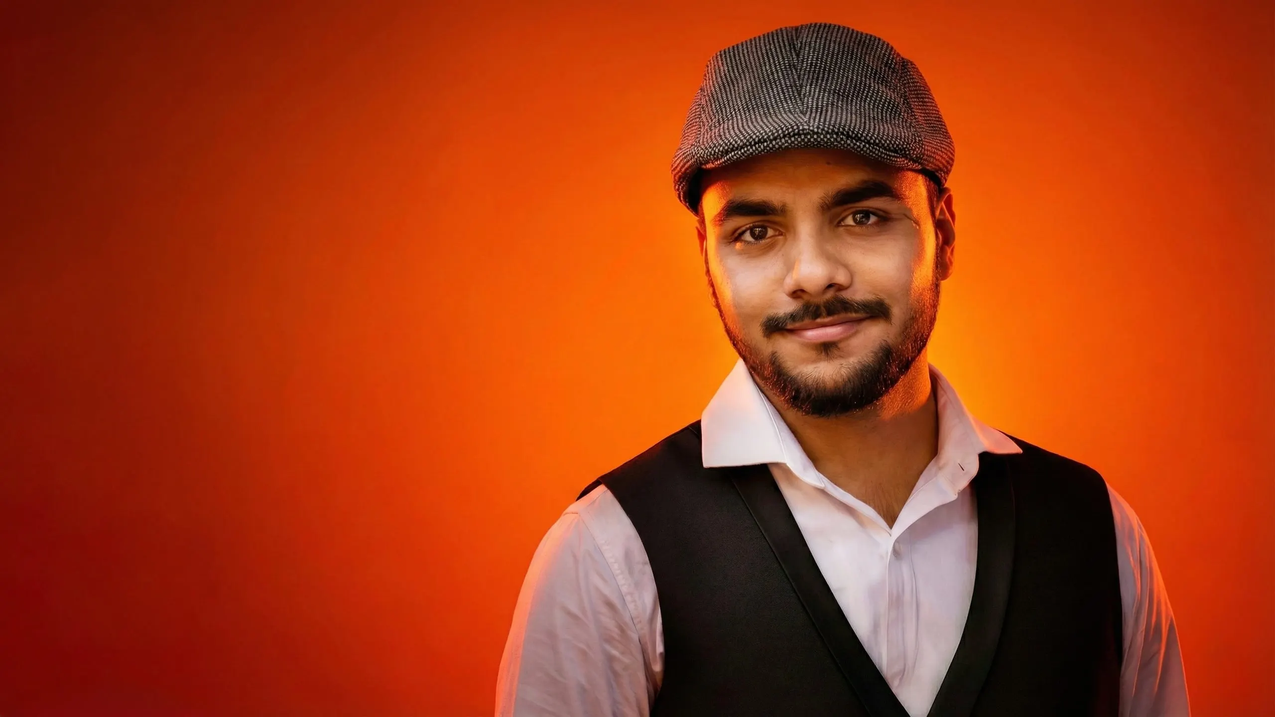 Portrait of Jagesh Pandey in a flat cap and waistcoat against an orange backdrop