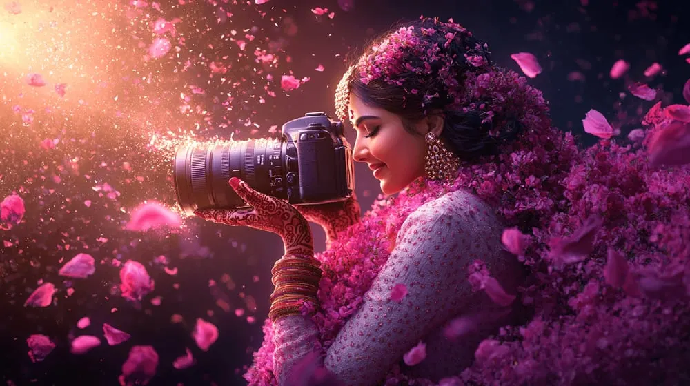 Woman with a camera surrounded by pink petals
