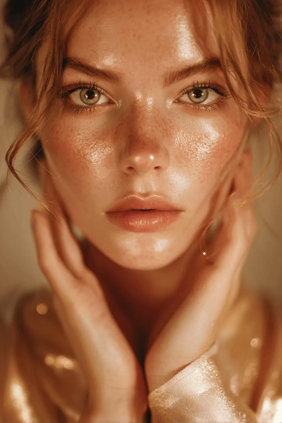 Close-up portrait of a freckled woman with glowing skin