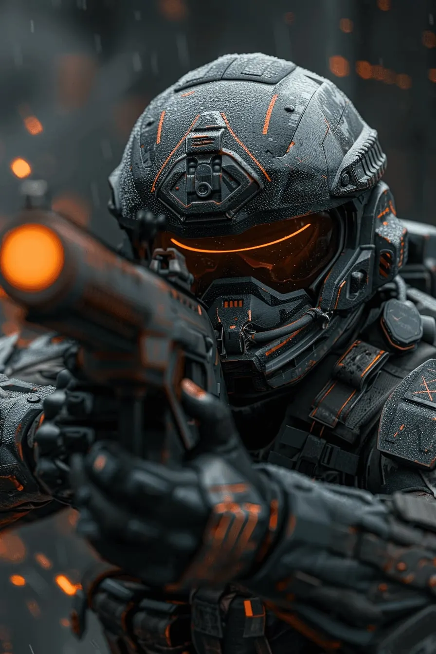 Armoured soldier aiming a rifle with a glowing orange visor