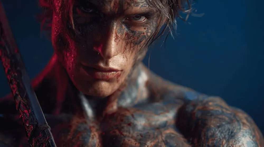Scarred warrior with red hair and tattoos