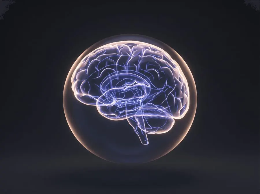 Glowing glass sphere containing a luminous brain