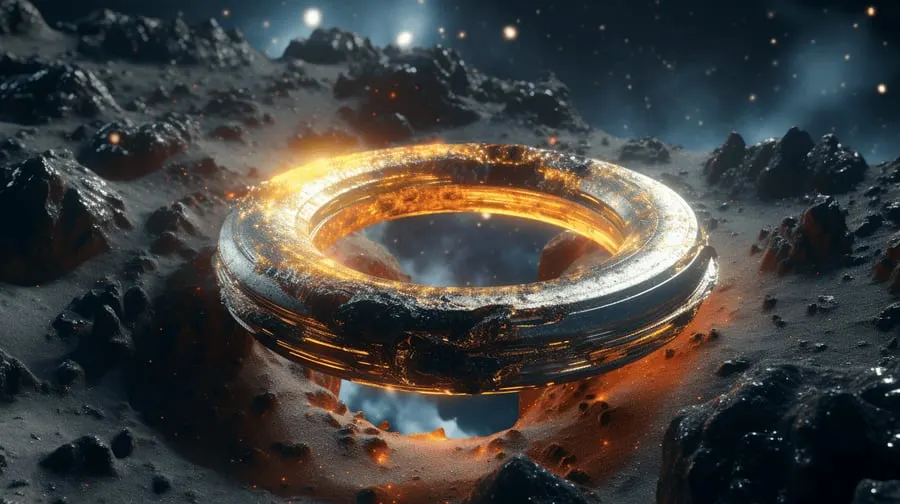 Golden ring structure floating over a cratered planet