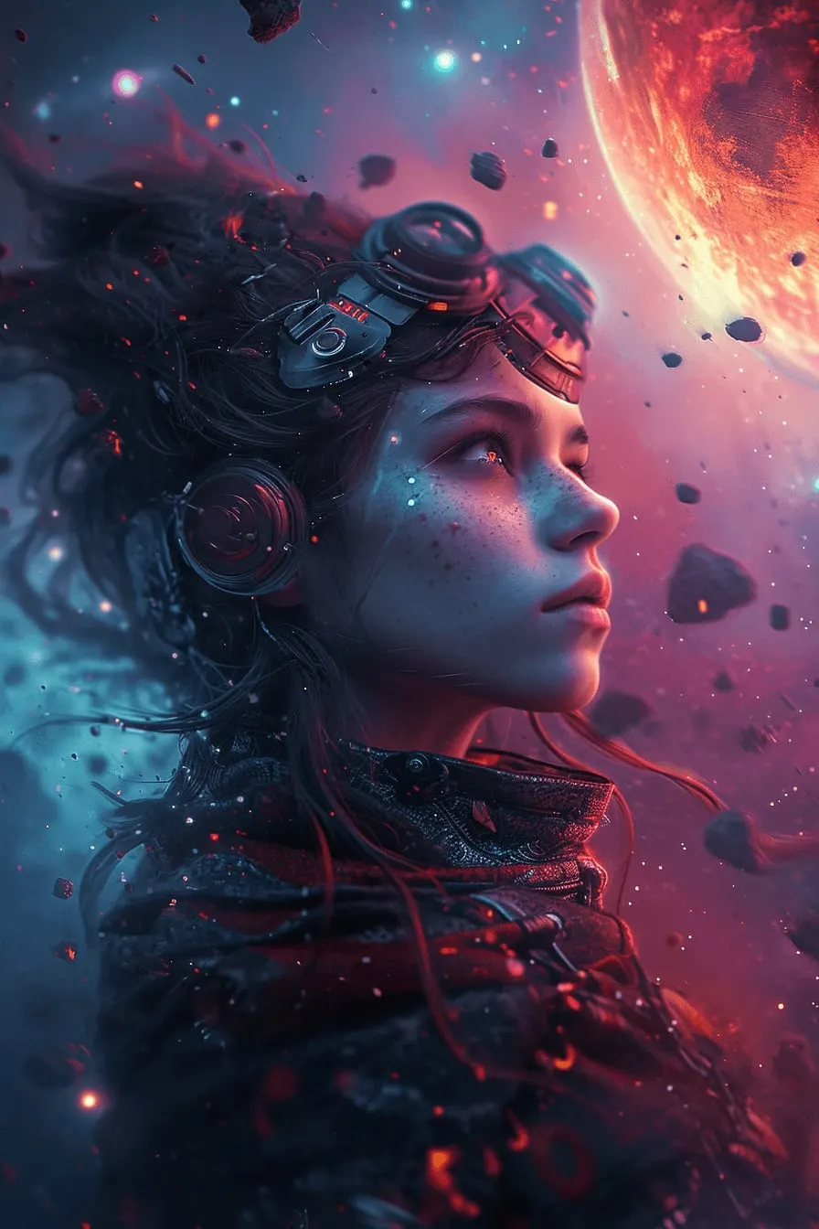 AI-generated portrait of a woman among drifting cosmic debris