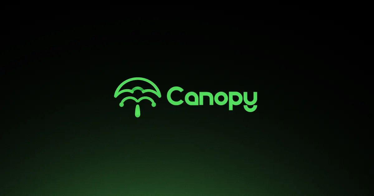 Canopy umbrella logo and wordmark in green on a black-to-green gradient