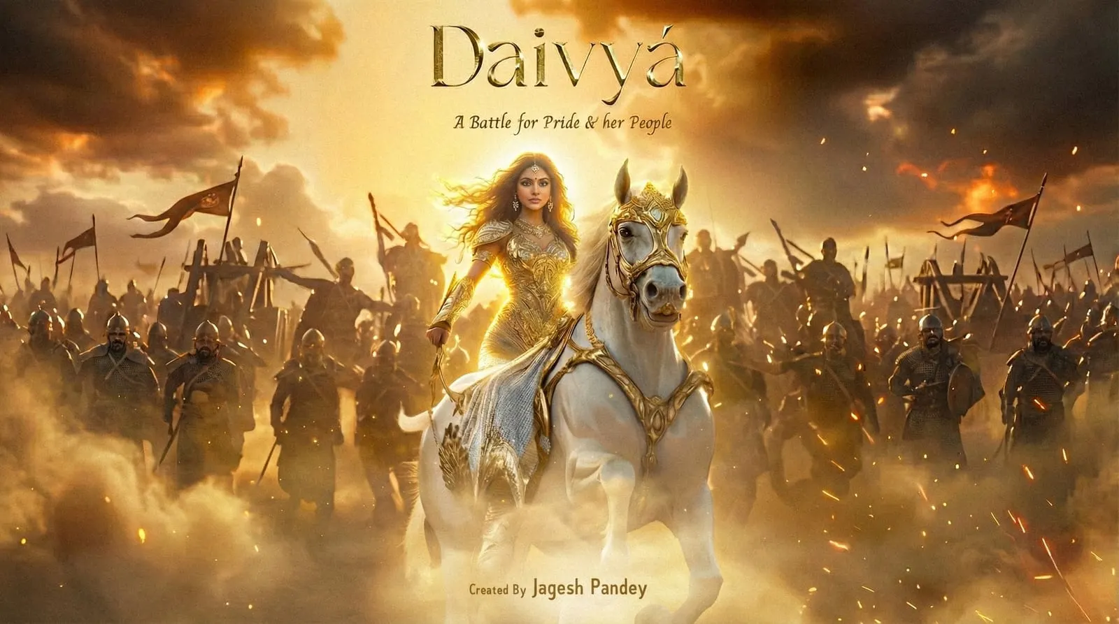 Daivya trailer poster: Goddess Sita on a white horse leading an army through golden dust