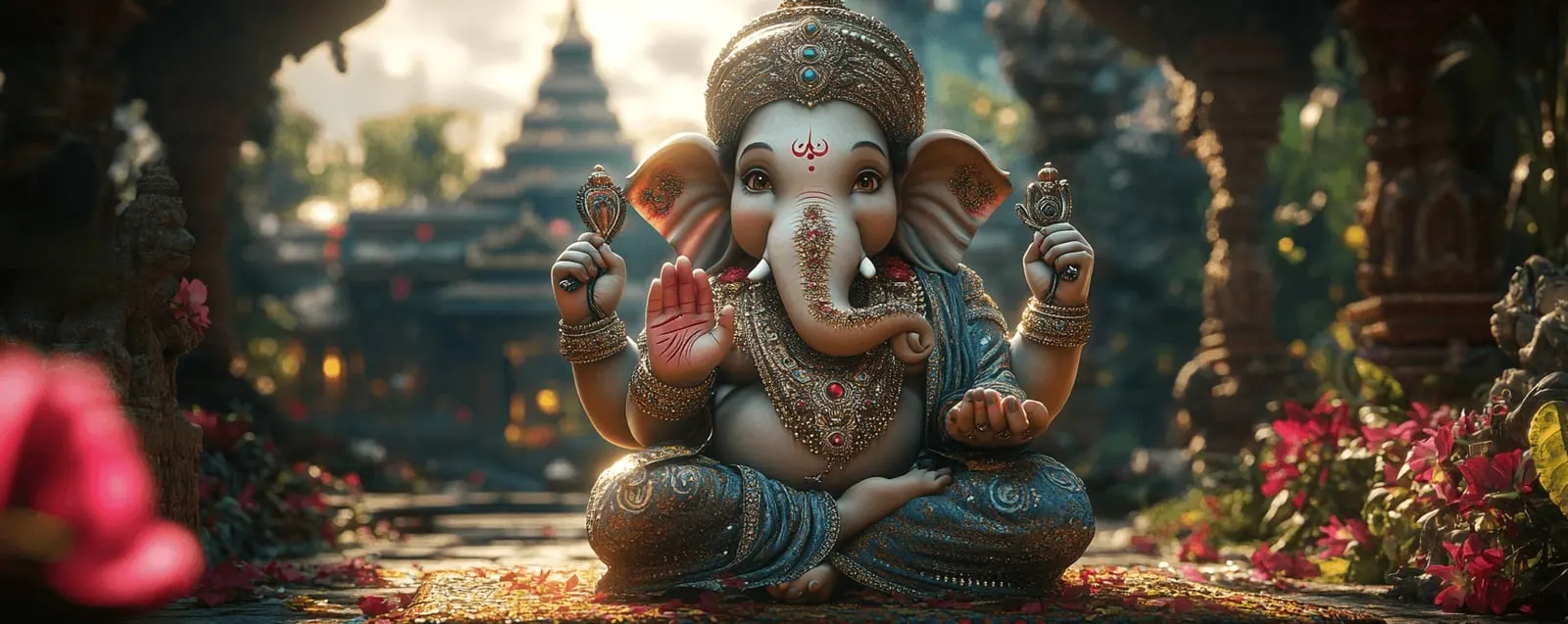 Lord Ganesha statue seated in a temple courtyard with red flowers, AI divine concept art
