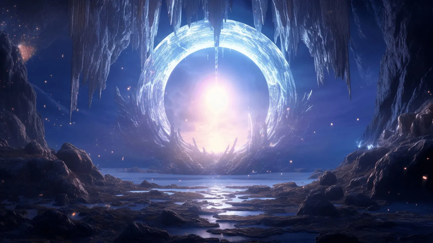 Glowing blue portal inside an ice cavern above a still lake, AI fantasy shot