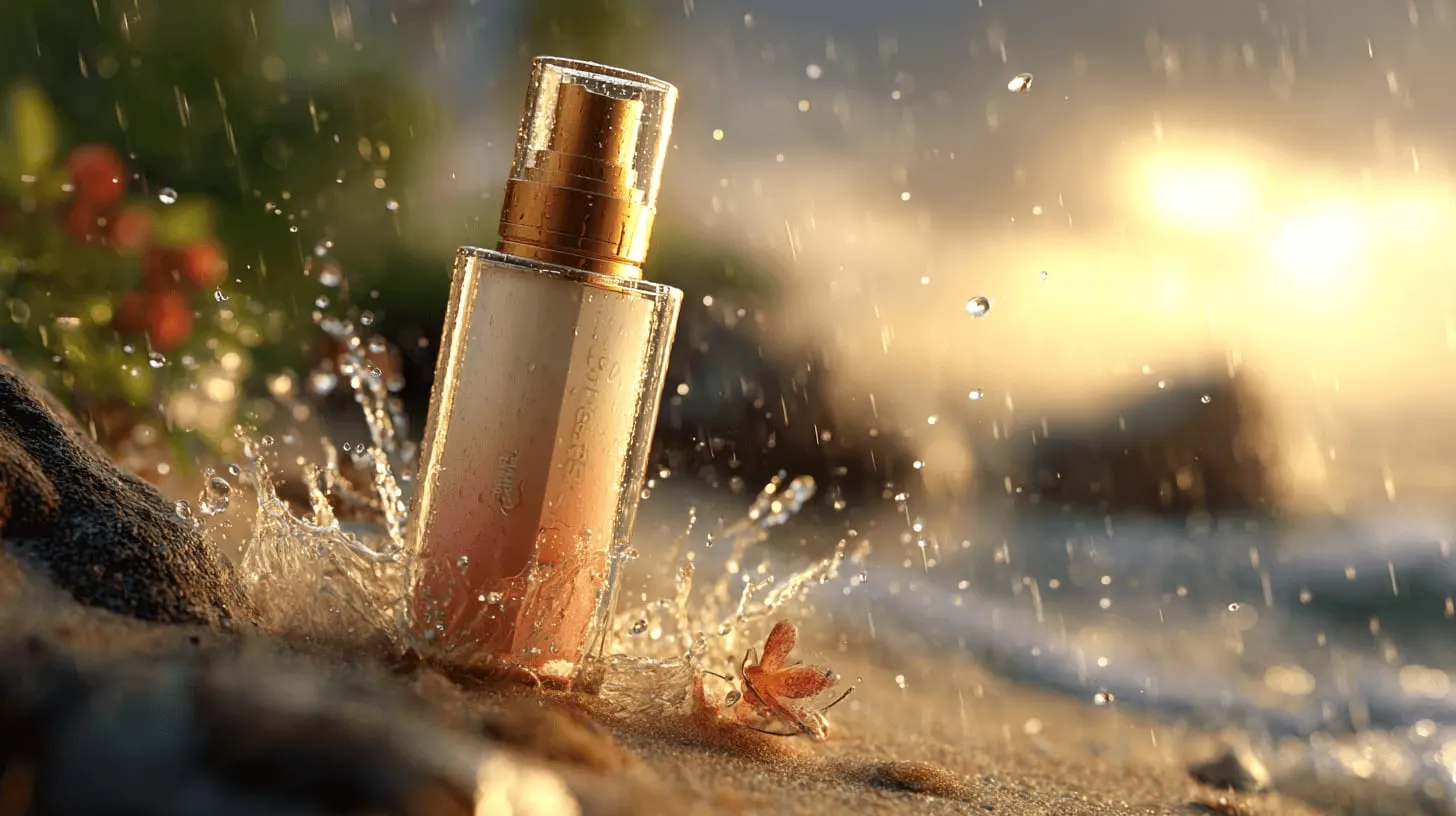 Gold-capped serum bottle on a sunlit beach with splashing water, AI product concept