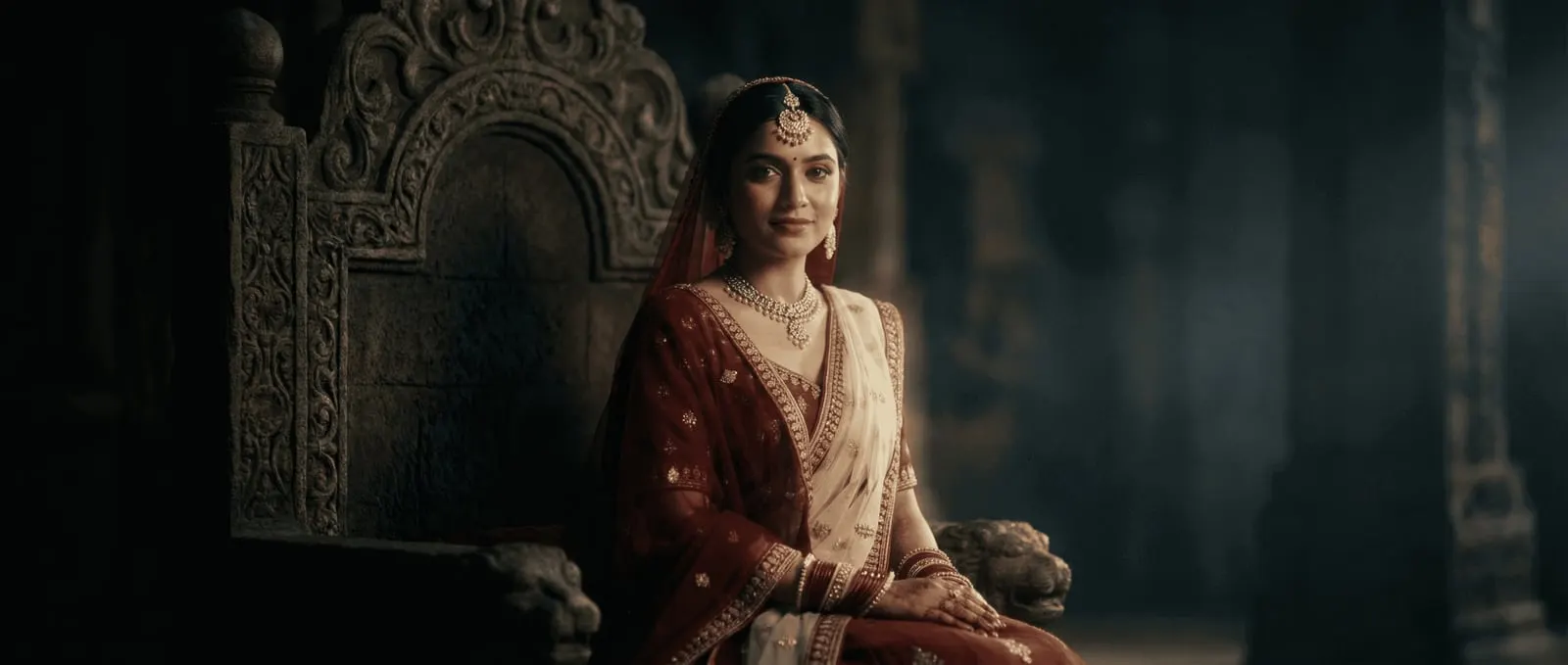 Bride in a red and gold lehenga seated in a carved stone palace hall, photorealistic AI image