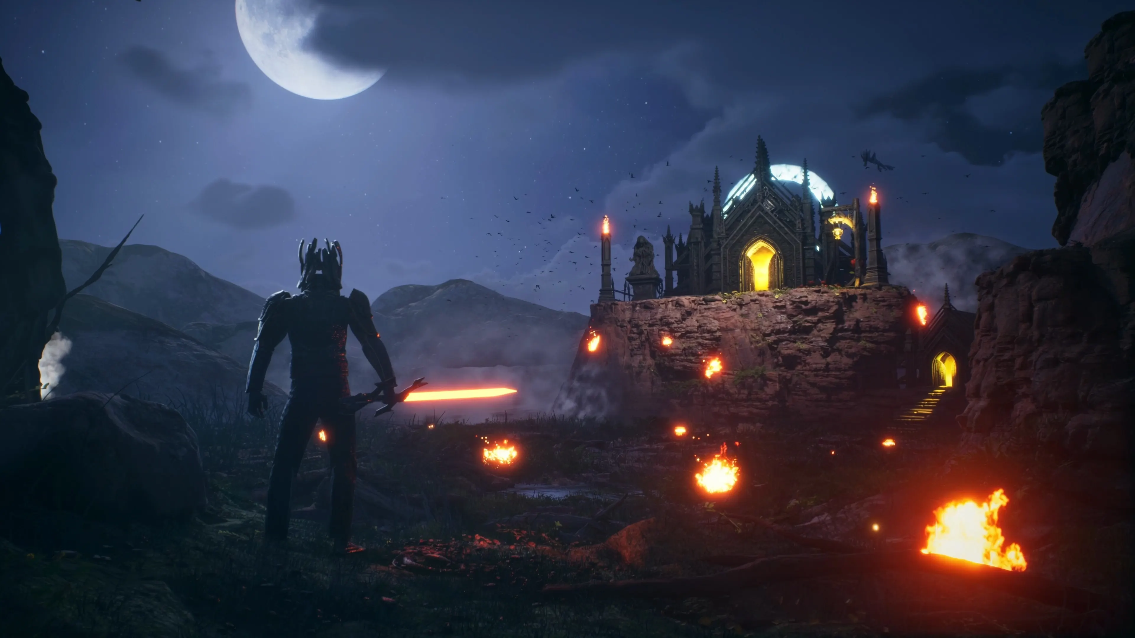 Armoured warrior overlooking a moonlit castle across a rocky, firelit landscape