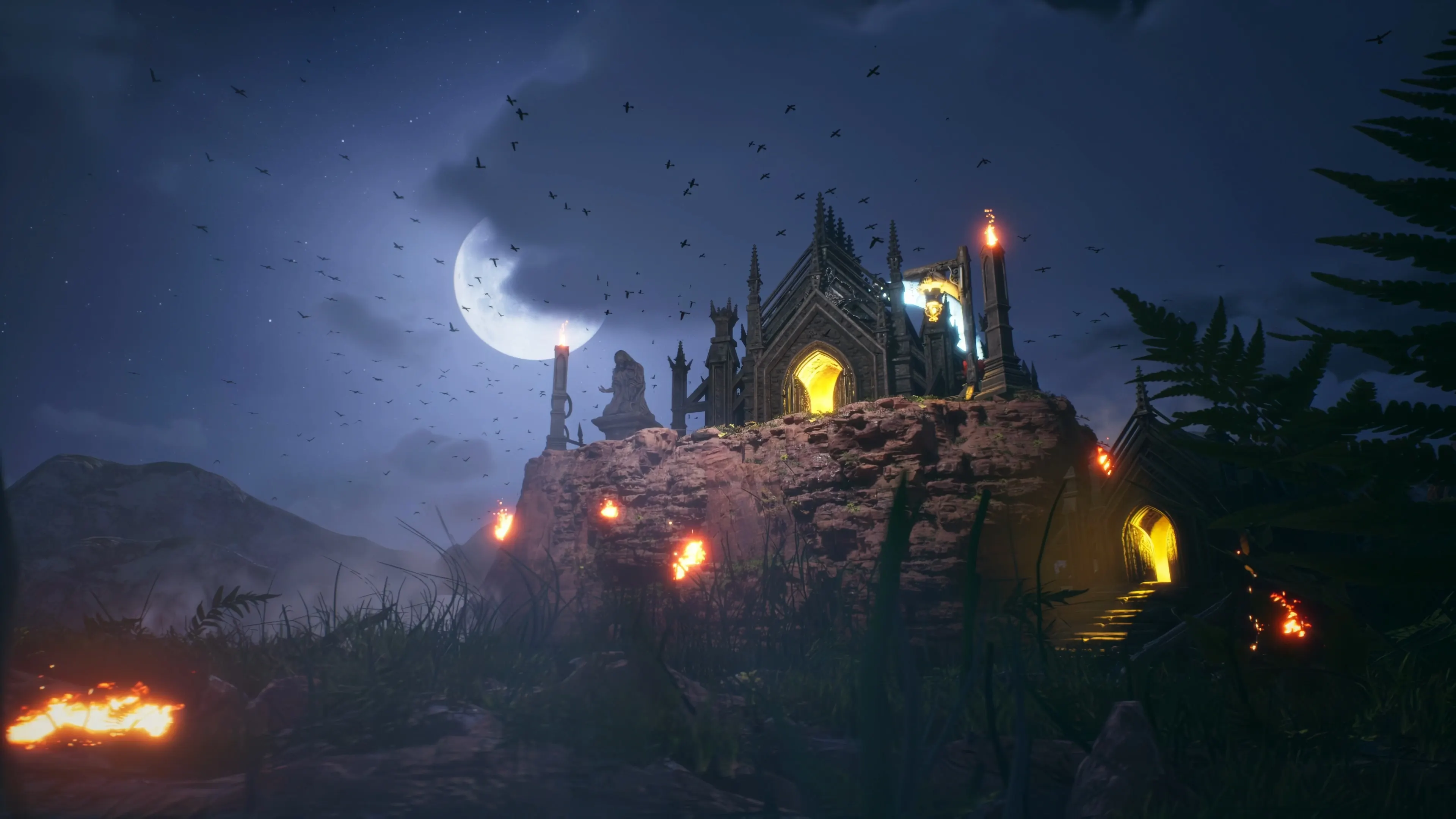 Wide view of the castle on a rocky cliff beneath the moon and circling birds