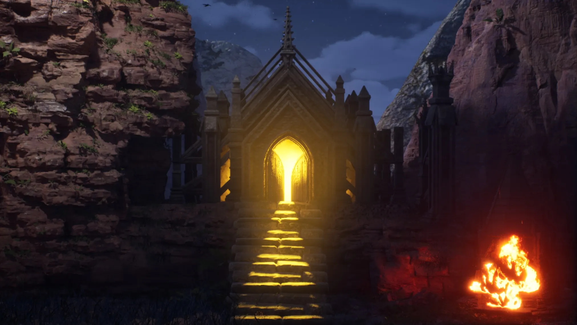 Golden castle doorway at the top of a stone staircase between dark cliffs