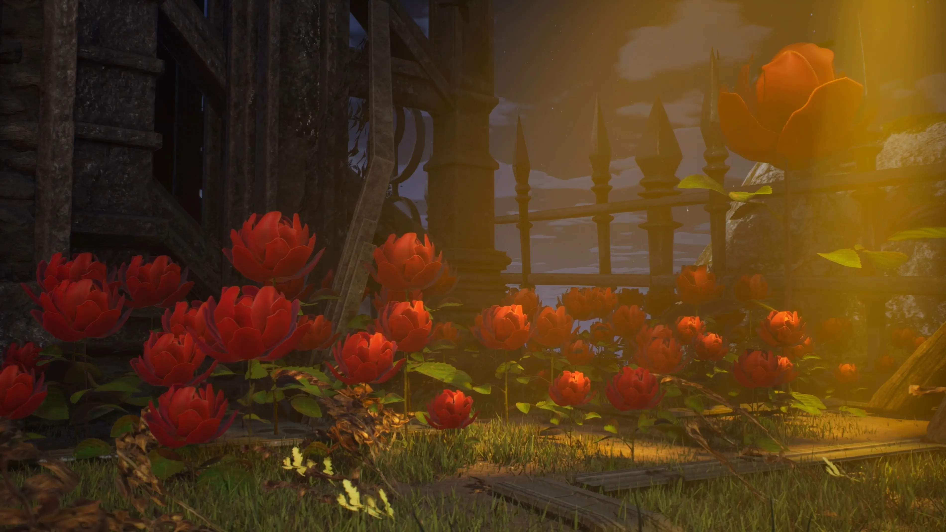 Red flowers and warm shafts of light beside the castle entrance