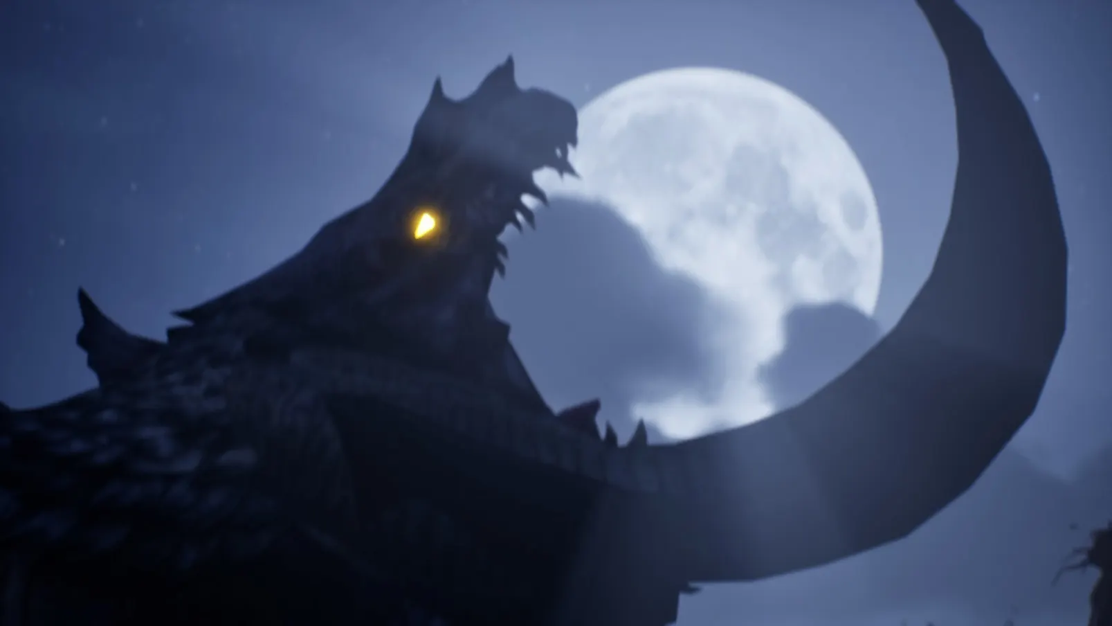 Horned dragon silhouetted against the full moon with a glowing yellow eye