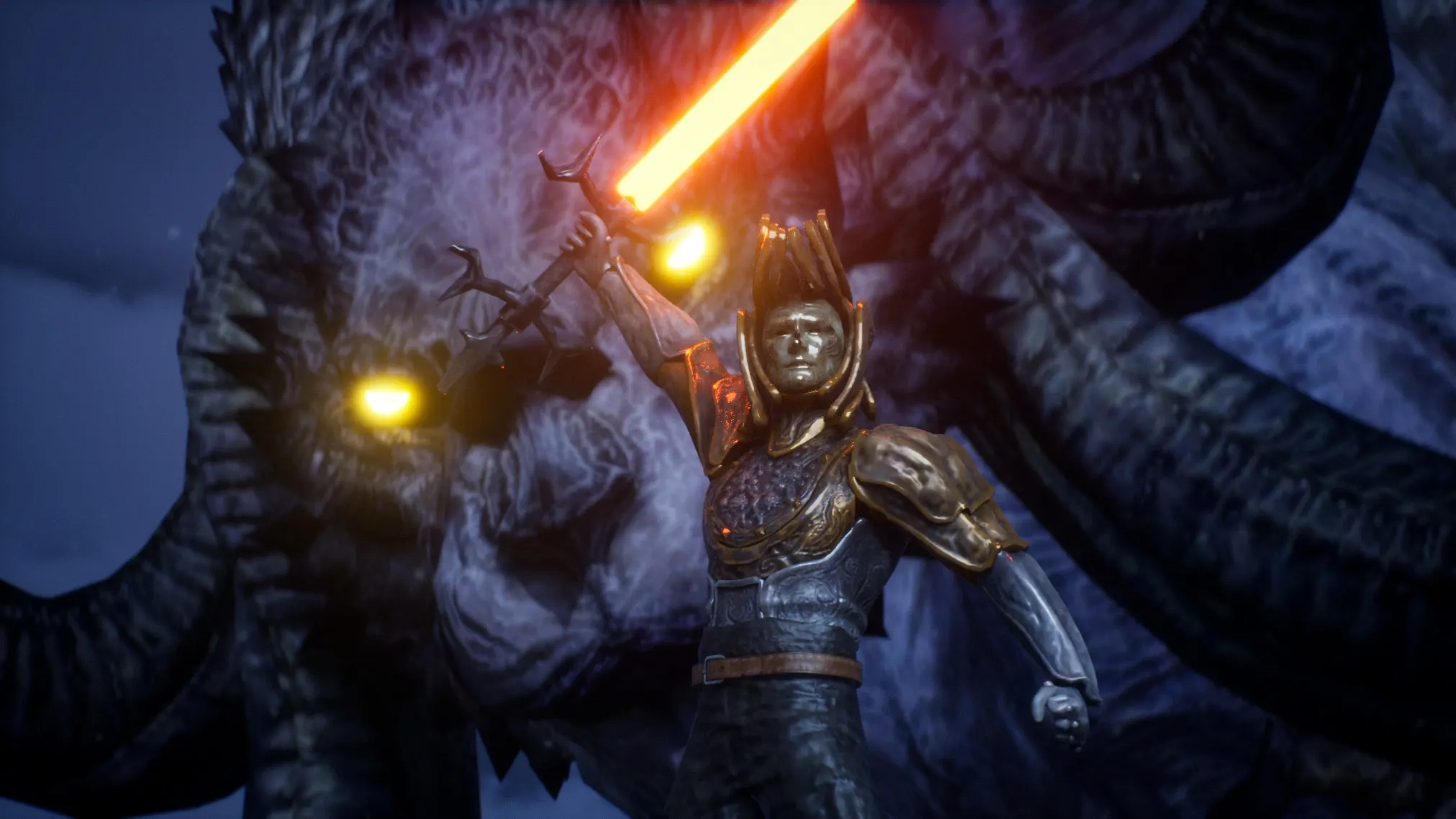 Armoured warrior raising a glowing sword beside the dragon