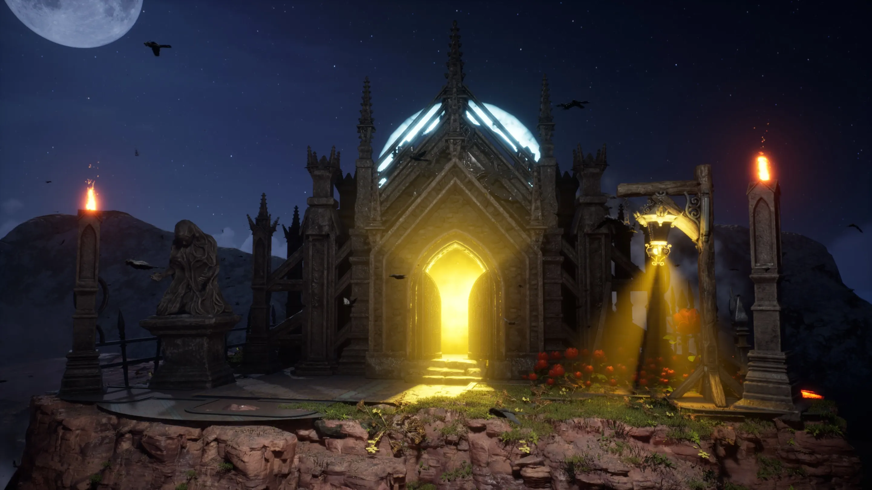 Front view of the moonlit castle with a golden doorway and torchlit towers