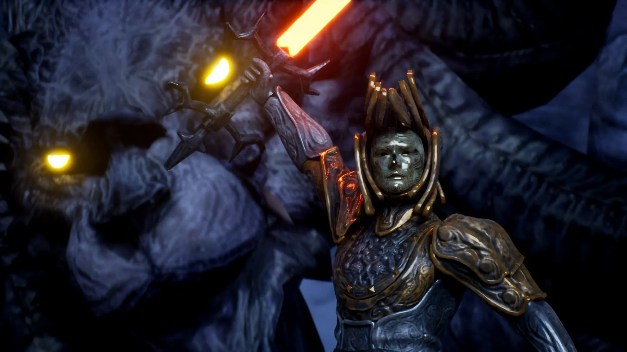 Close view of the armoured warrior and the dragon with glowing yellow eyes