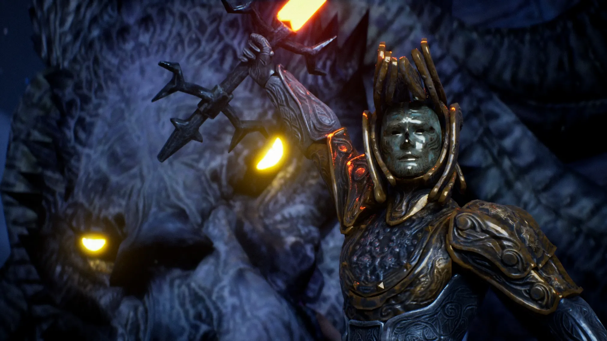 Warrior in ornate armour holding a glowing sword beside the dragon
