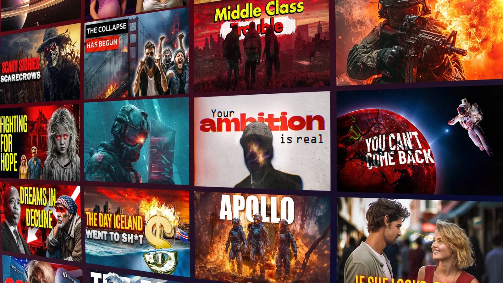 Collage of bold YouTube thumbnails with cinematic artwork and headline typography